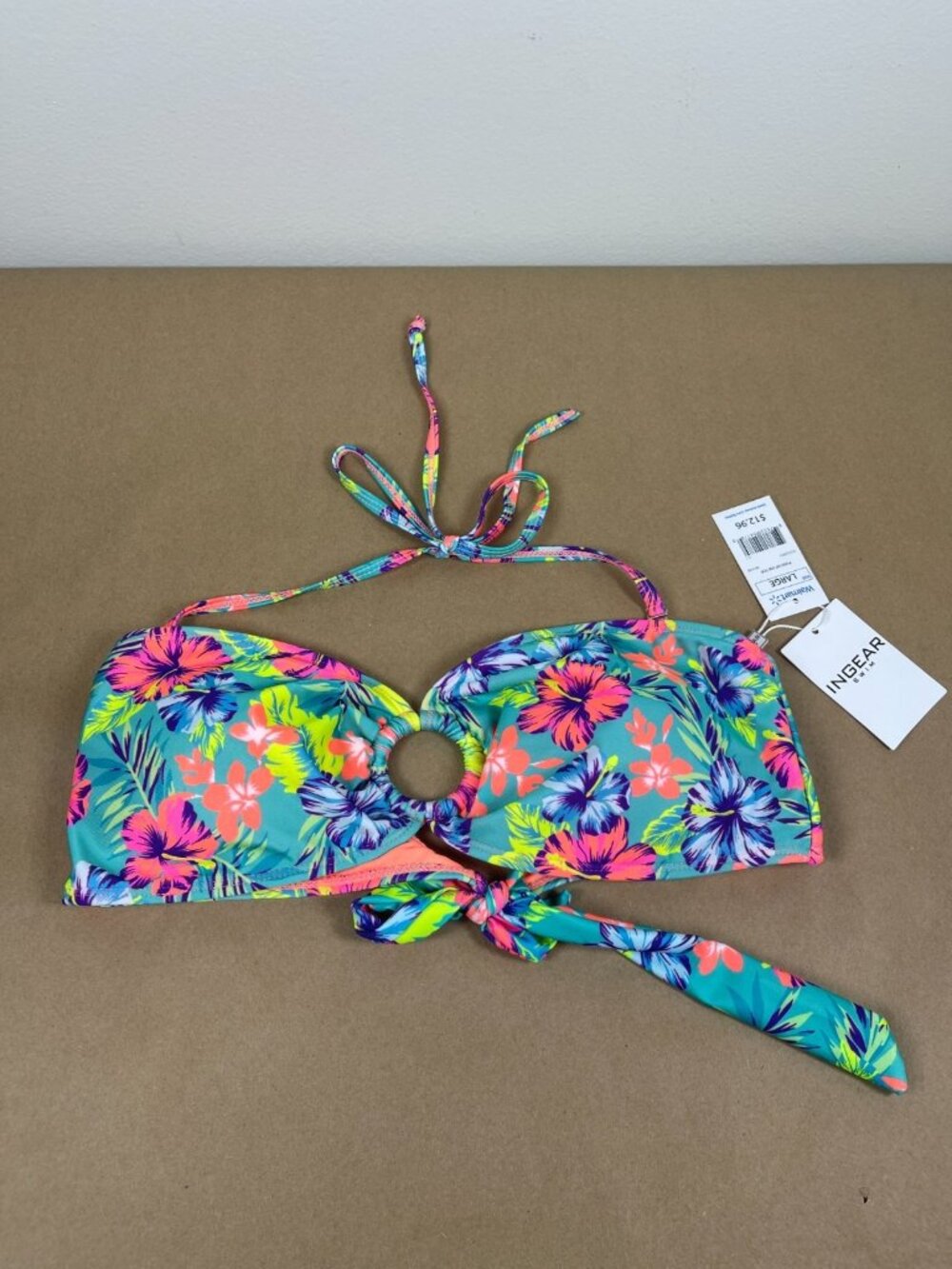 Ingear Swim Bikini Top L Tropical Floral Bandeau Ring Halter Tie Back NWT